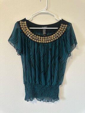 Bisou Bisou Y2K Teal Patterned Sheer Blouse with Gold Embellished Neckline